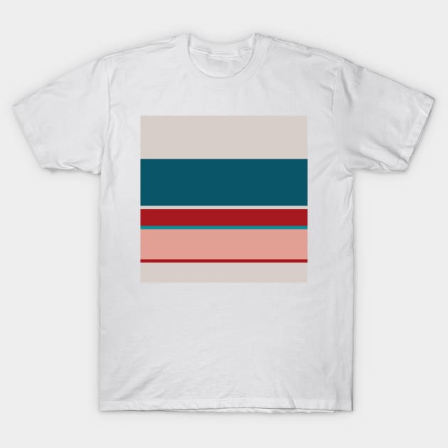 An attractive merge of Rouge, Blush, Pastel Gray, Dark Cyan and Petrol stripes. T-Shirt by Sociable Stripes